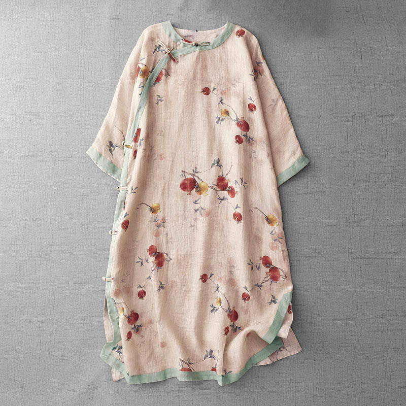 Buddha Stones Frog-Button Orchid Pomegranate Flowers Pattern Side Slit Design Half Sleeve Midi Dress - PeachPuff - US12，UK/AU16，EU44 (2XL) - image 1
