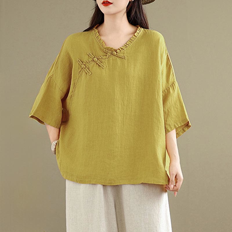Buddha Stones Spring V-Neck Frog-Button Long Sleeve Plain Women's Cotton Shirt  - Goldenrod - US8-10，UK/AU12-14，EU40-42 (2XL) - image 6