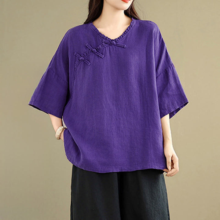 Buddha Stones Spring V-Neck Frog-Button Long Sleeve Plain Women's Cotton Shirt  - Indigo - US8-10，UK/AU12-14，EU40-42 (2XL) - image 12