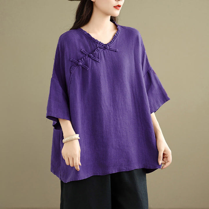 Buddha Stones Spring V-Neck Frog-Button Long Sleeve Plain Women's Cotton Shirt  - image 14