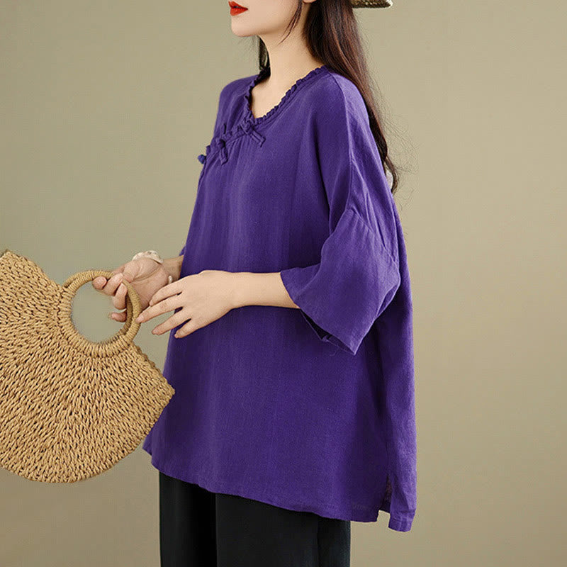 Buddha Stones Spring V-Neck Frog-Button Long Sleeve Plain Women's Cotton Shirt  - image 16