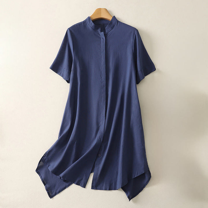Buddha Stones Summer Stand Collar Short Sleeve Plain Women's Buttons Cotton Shirt With Pocket - DarkBlue - US8-10，UK/AU12-14，EU40-42 (2XL) - image 0
