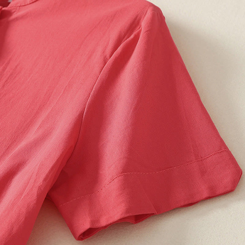 Buddha Stones Summer Stand Collar Short Sleeve Plain Women's Buttons Cotton Shirt With Pocket - image 9