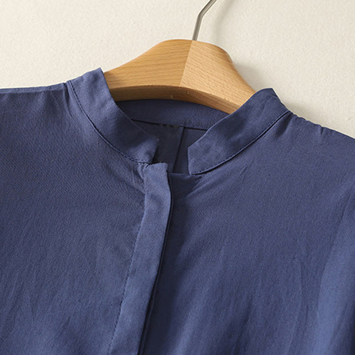 Buddha Stones Summer Stand Collar Short Sleeve Plain Women's Buttons Cotton Shirt With Pocket - image 1
