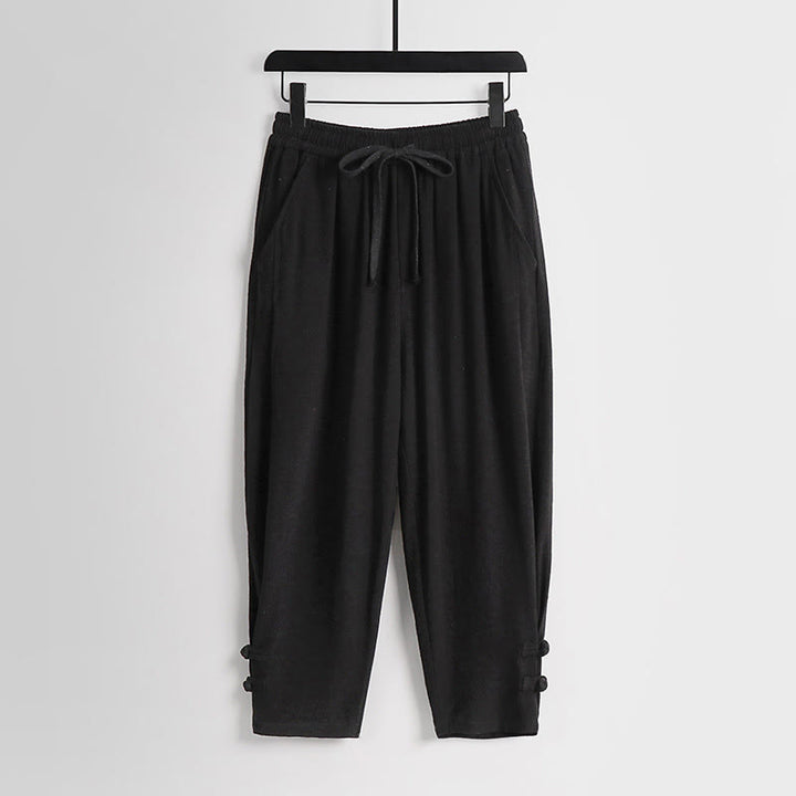 Buddha Stones Summer Drawstring Elastic Waist Frog-Button Ankle-Length Men's Cotton Linen Pants With Pockets - Black - US/UK/AU54，EU64 (9XL) - image 10