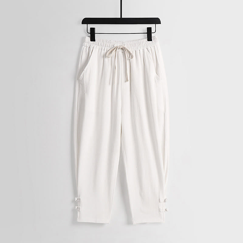 Buddha Stones Summer Drawstring Elastic Waist Frog-Button Ankle-Length Men's Cotton Linen Pants With Pockets - White - US/UK/AU54，EU64 (9XL) - image 13