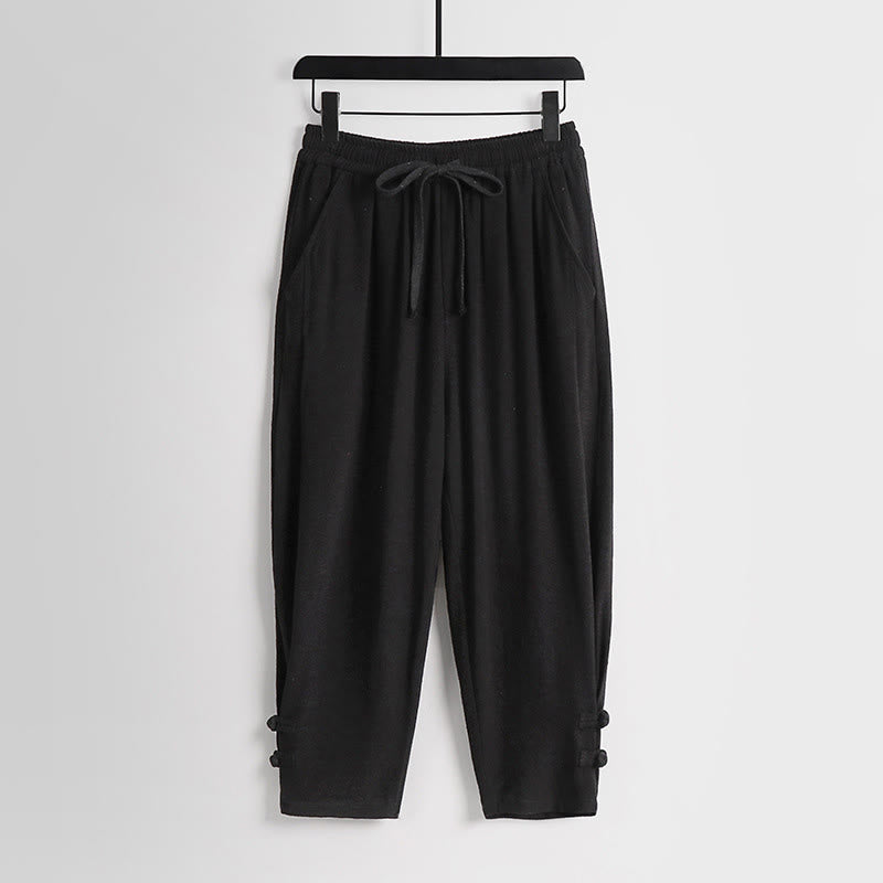 Buddha Stones Summer Drawstring Elastic Waist Frog-Button Ankle-Length Men's Cotton Linen Pants With Pockets - Black - US/UK/AU54，EU64 (9XL) - image 10