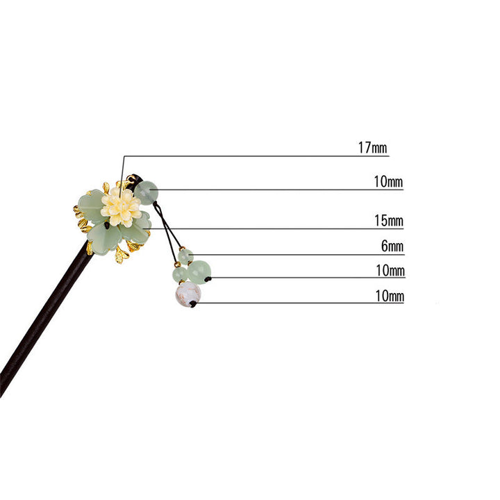 Buddha Stones Green Yellow White Flower Liuli Glass Wood Hairpin - image 5