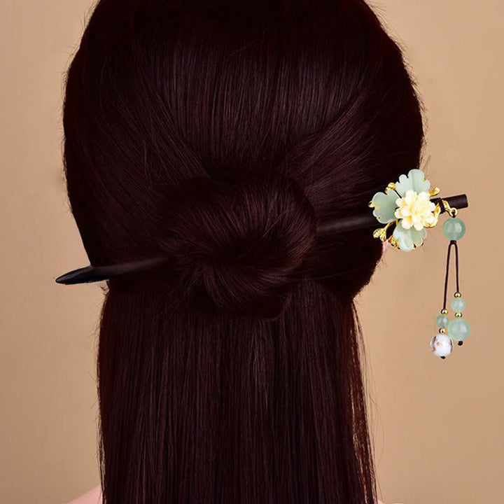 Buddha Stones Green Yellow White Flower Liuli Glass Wood Hairpin - image 4