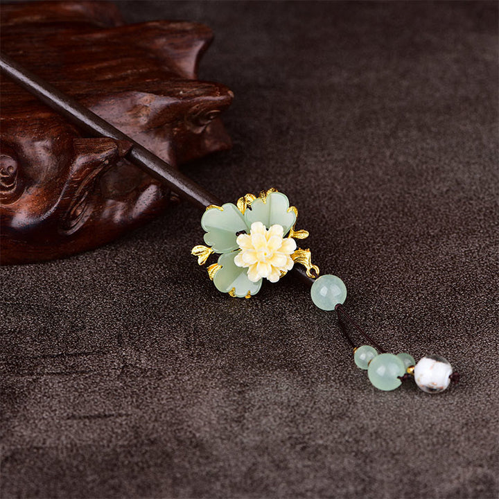 Buddha Stones Green Yellow White Flower Liuli Glass Wood Hairpin - image 3