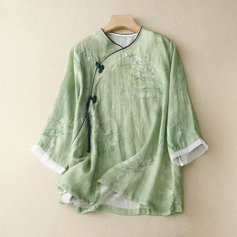 Buddha Stones White Orchid Red Flowers Frog-Button Design Three Quarter Sleeve Women's Shirt - LightGreen - US14，UK/AU18，EU46 (2XL) - image 0