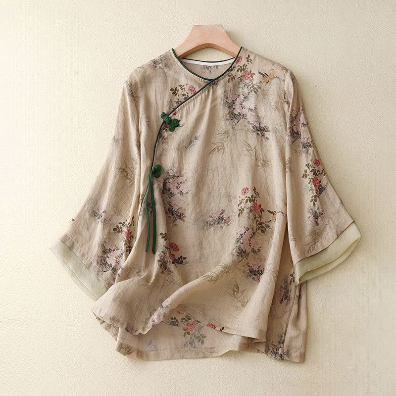 Buddha Stones White Orchid Red Flowers Frog-Button Design Three Quarter Sleeve Women's Shirt - BurlyWood - US14，UK/AU18，EU46 (2XL) - image 8