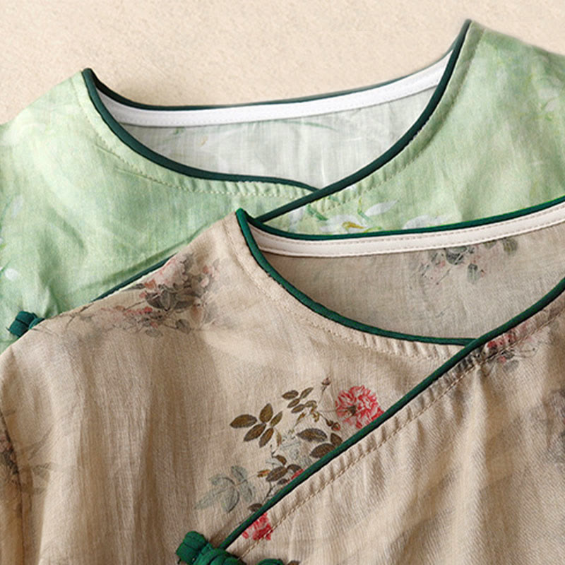 Buddha Stones White Orchid Red Flowers Frog-Button Design Three Quarter Sleeve Women's Shirt - image 19