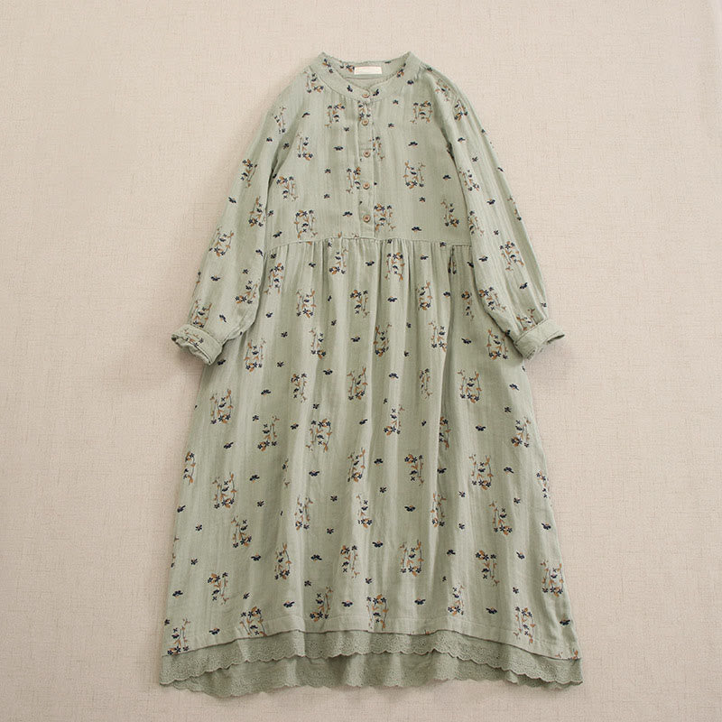 Buddha Stones Spring Small Floral Print Buttons Design Crew Neck Long Sleeve Midi Dress With Pockets - DarkSeaGreen - US4-8/10，UK/AU8-12/14，EU36-40/42 (F) - image 8