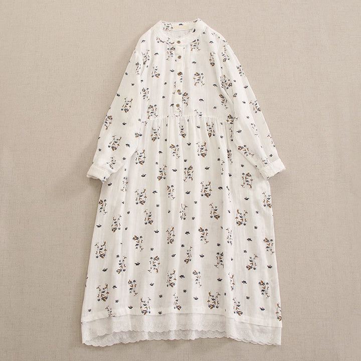 Buddha Stones Spring Small Floral Print Buttons Design Crew Neck Long Sleeve Midi Dress With Pockets - White - US4-8/10，UK/AU8-12/14，EU36-40/42 (F) - image 44