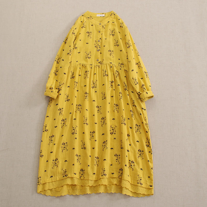 Buddha Stones Spring Small Floral Print Buttons Design Crew Neck Long Sleeve Midi Dress With Pockets - Gold - US4-8/10，UK/AU8-12/14，EU36-40/42 (F) - image 16