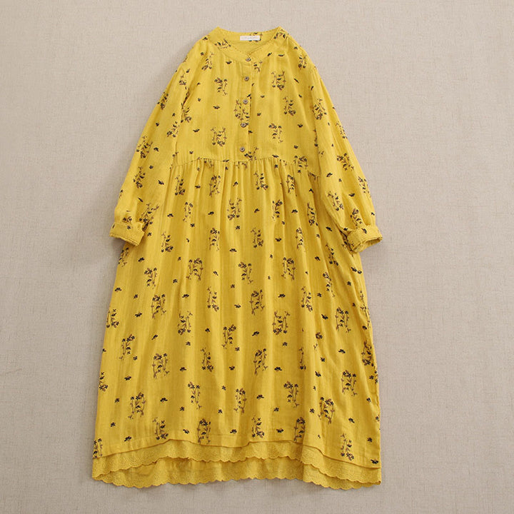Buddha Stones Spring Small Floral Print Buttons Design Crew Neck Long Sleeve Midi Dress With Pockets - Gold - US4-8/10，UK/AU8-12/14，EU36-40/42 (F) - image 16