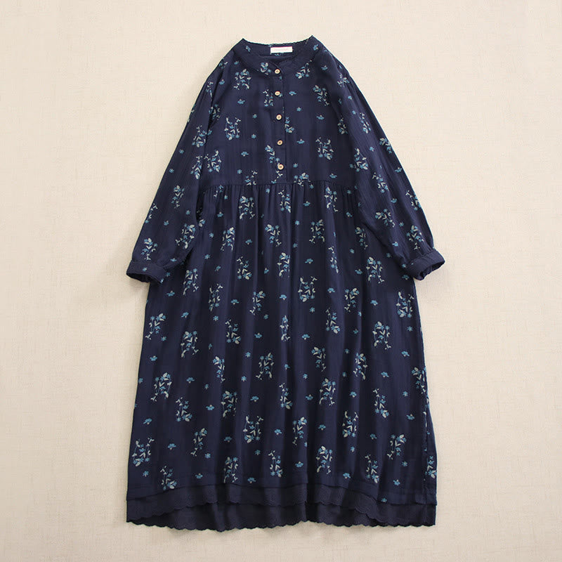 Buddha Stones Spring Small Floral Print Buttons Design Crew Neck Long Sleeve Midi Dress With Pockets - SteelBlue - US4-8/10，UK/AU8-12/14，EU36-40/42 (F) - image 0