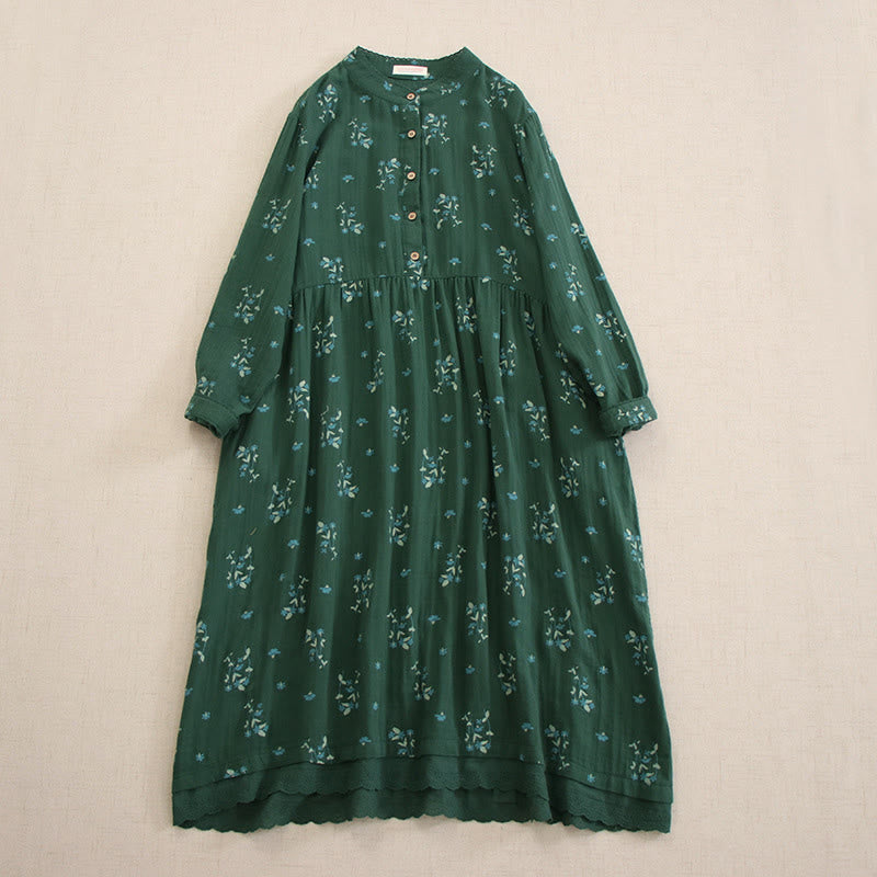 Buddha Stones Spring Small Floral Print Buttons Design Crew Neck Long Sleeve Midi Dress With Pockets - SeaGreen - US4-8/10，UK/AU8-12/14，EU36-40/42 (F) - image 29