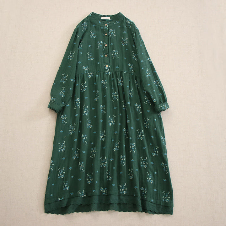 Buddha Stones Spring Small Floral Print Buttons Design Crew Neck Long Sleeve Midi Dress With Pockets - SeaGreen - US4-8/10，UK/AU8-12/14，EU36-40/42 (F) - image 29