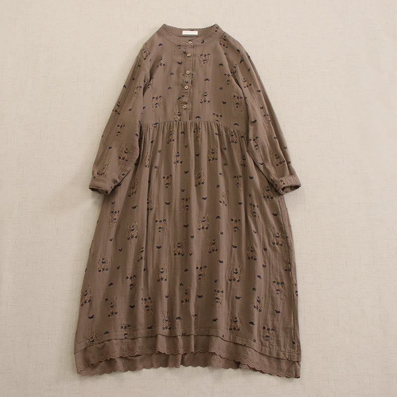 Buddha Stones Spring Small Floral Print Buttons Design Crew Neck Long Sleeve Midi Dress With Pockets - Tan - US4-8/10，UK/AU8-12/14，EU36-40/42 (F) - image 36