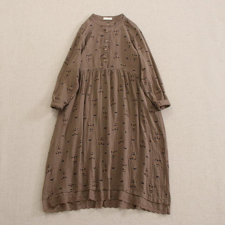 Buddha Stones Spring Small Floral Print Buttons Design Crew Neck Long Sleeve Midi Dress With Pockets - Tan - US4-8/10，UK/AU8-12/14，EU36-40/42 (F) - image 36