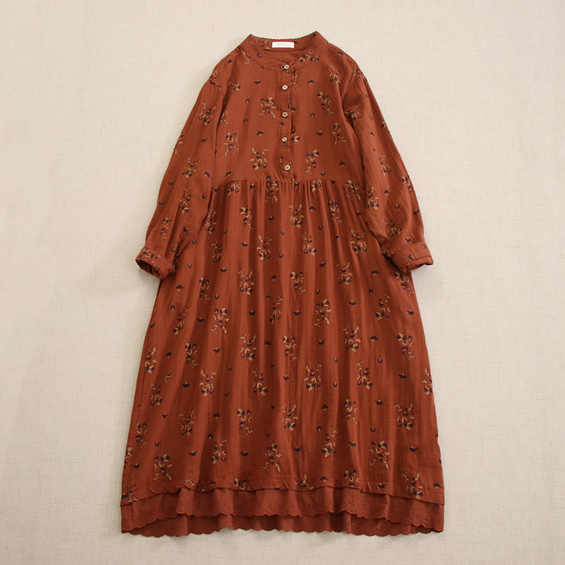 Buddha Stones Spring Small Floral Print Buttons Design Crew Neck Long Sleeve Midi Dress With Pockets - FireBrick - US4-8/10，UK/AU8-12/14，EU36-40/42 (F) - image 23
