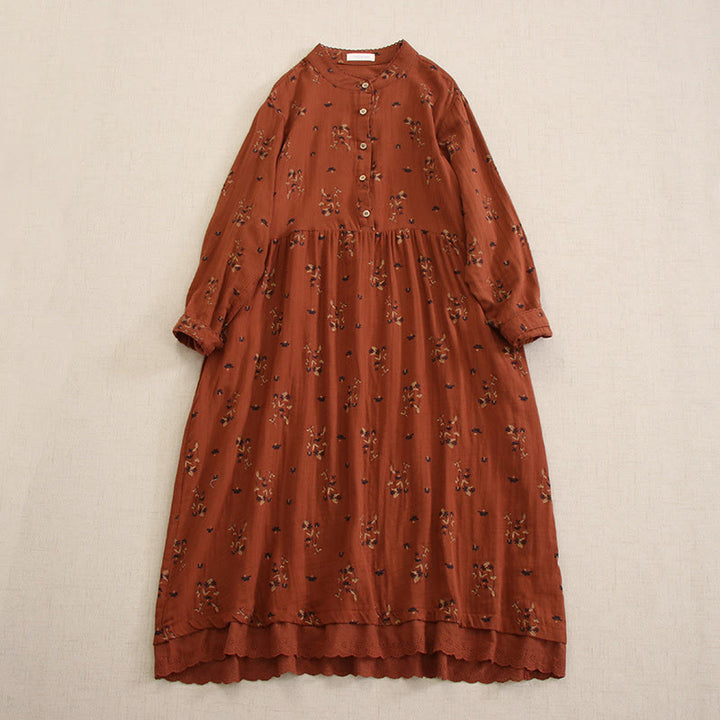 Buddha Stones Spring Small Floral Print Buttons Design Crew Neck Long Sleeve Midi Dress With Pockets - FireBrick - US4-8/10，UK/AU8-12/14，EU36-40/42 (F) - image 23