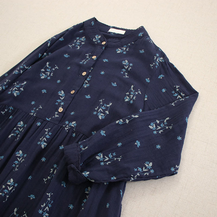 Buddha Stones Spring Small Floral Print Buttons Design Crew Neck Long Sleeve Midi Dress With Pockets - image 2