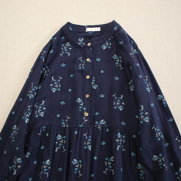 Buddha Stones Spring Small Floral Print Buttons Design Crew Neck Long Sleeve Midi Dress With Pockets - image 1