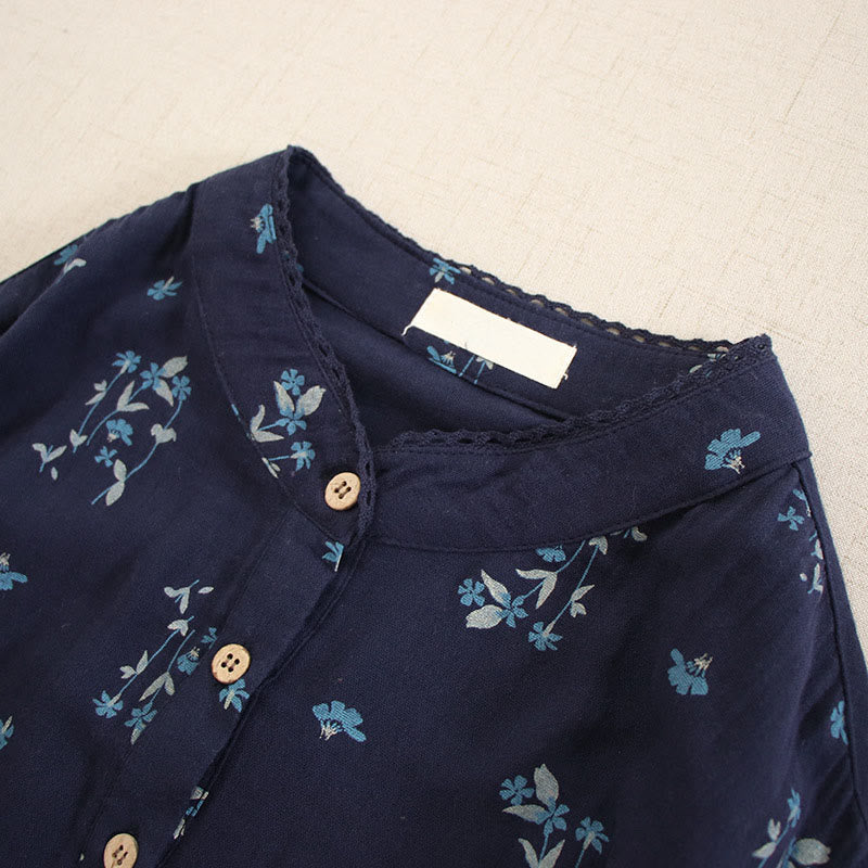 Buddha Stones Spring Small Floral Print Buttons Design Crew Neck Long Sleeve Midi Dress With Pockets - image 3