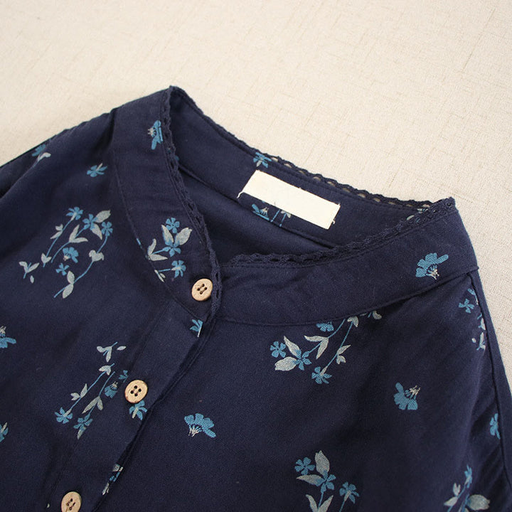 Buddha Stones Spring Small Floral Print Buttons Design Crew Neck Long Sleeve Midi Dress With Pockets - image 3