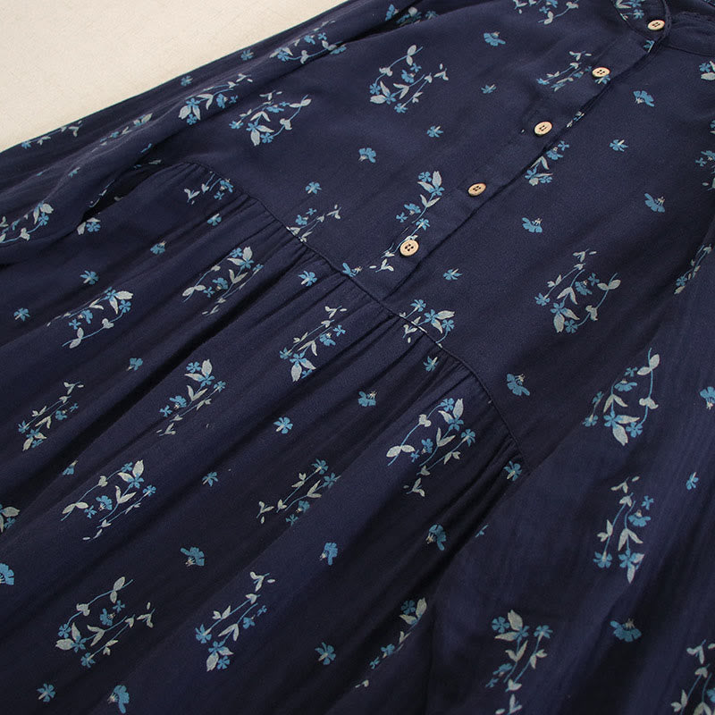 Buddha Stones Spring Small Floral Print Buttons Design Crew Neck Long Sleeve Midi Dress With Pockets - image 6