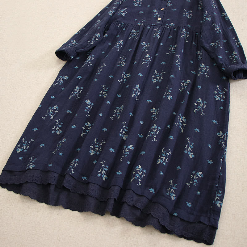 Buddha Stones Spring Small Floral Print Buttons Design Crew Neck Long Sleeve Midi Dress With Pockets - image 4