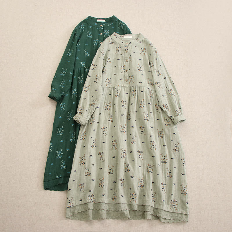 Buddha Stones Spring Small Floral Print Buttons Design Crew Neck Long Sleeve Midi Dress With Pockets - image 15