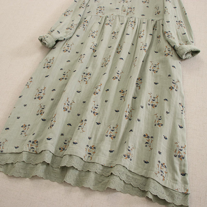 Buddha Stones Spring Small Floral Print Buttons Design Crew Neck Long Sleeve Midi Dress With Pockets - image 13