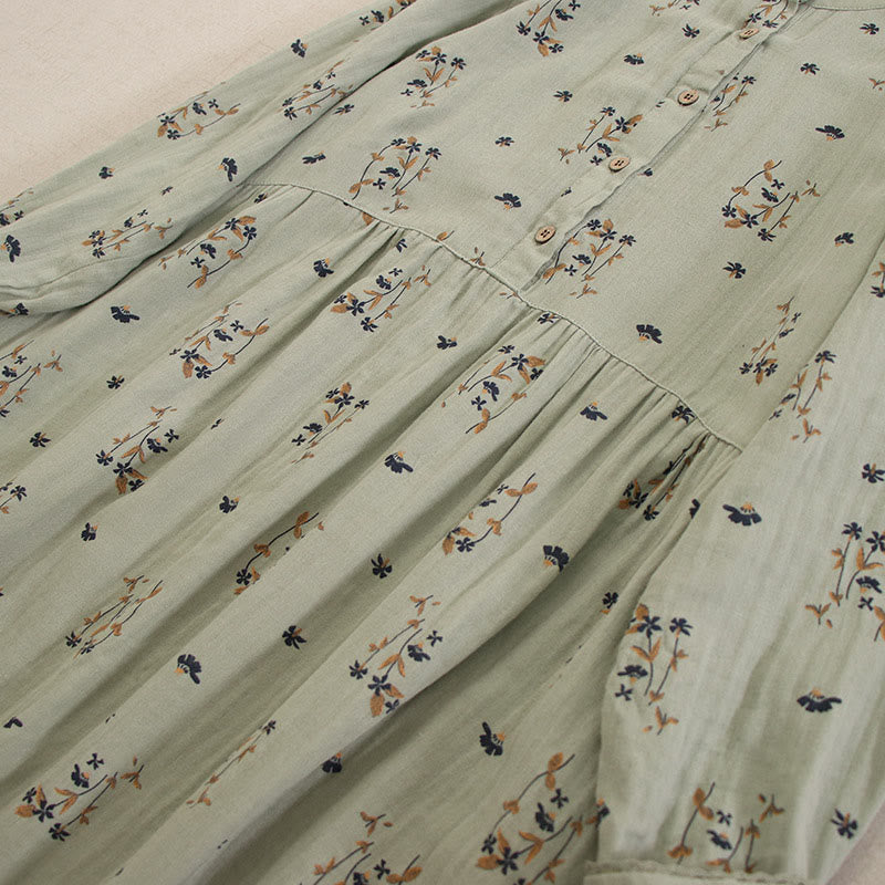 Buddha Stones Spring Small Floral Print Buttons Design Crew Neck Long Sleeve Midi Dress With Pockets - image 12