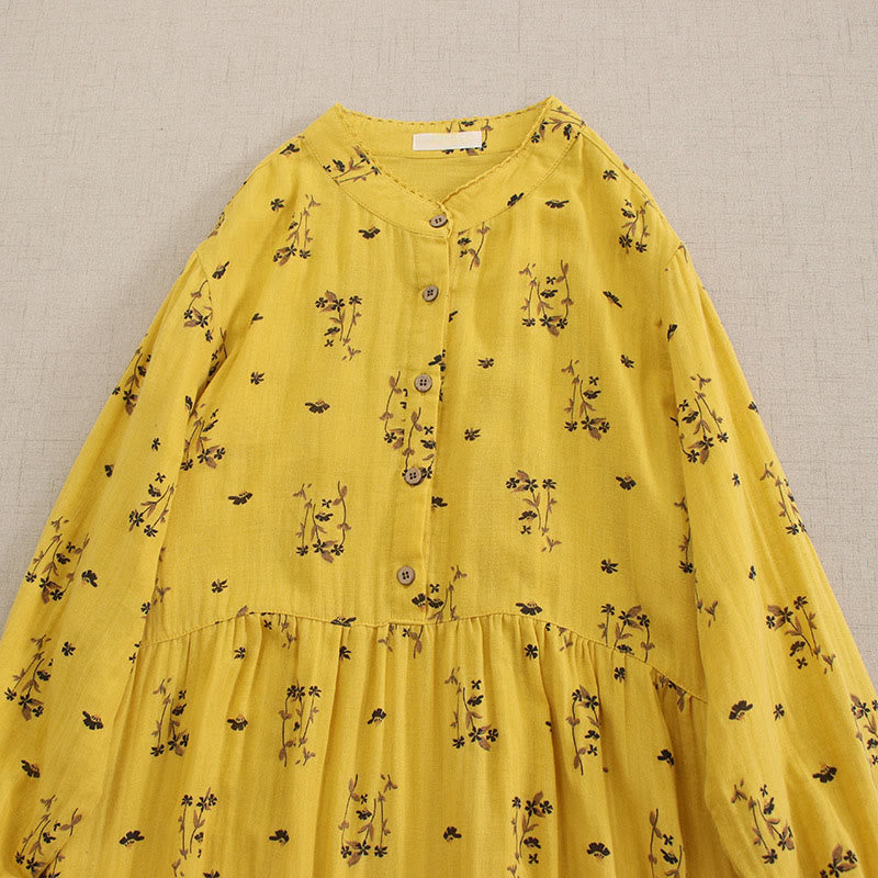 Buddha Stones Spring Small Floral Print Buttons Design Crew Neck Long Sleeve Midi Dress With Pockets - image 17