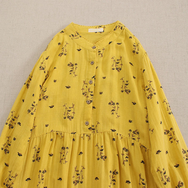 Buddha Stones Spring Small Floral Print Buttons Design Crew Neck Long Sleeve Midi Dress With Pockets - image 17