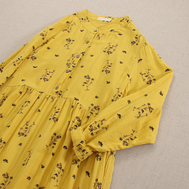 Buddha Stones Spring Small Floral Print Buttons Design Crew Neck Long Sleeve Midi Dress With Pockets - image 19