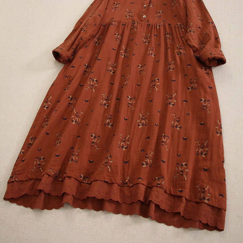 Buddha Stones Spring Small Floral Print Buttons Design Crew Neck Long Sleeve Midi Dress With Pockets - image 27