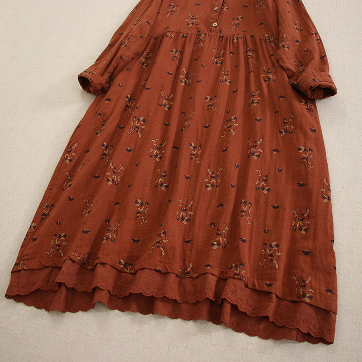 Buddha Stones Spring Small Floral Print Buttons Design Crew Neck Long Sleeve Midi Dress With Pockets - image 27