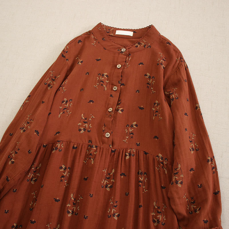 Buddha Stones Spring Small Floral Print Buttons Design Crew Neck Long Sleeve Midi Dress With Pockets - image 24