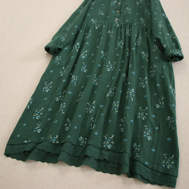 Buddha Stones Spring Small Floral Print Buttons Design Crew Neck Long Sleeve Midi Dress With Pockets - image 34