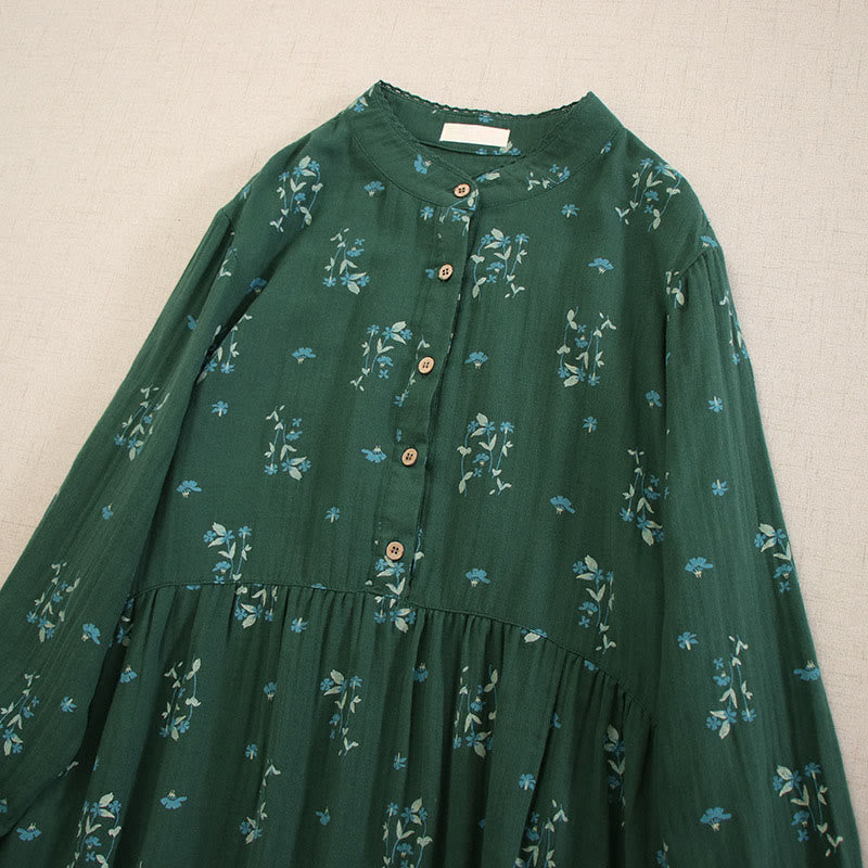 Buddha Stones Spring Small Floral Print Buttons Design Crew Neck Long Sleeve Midi Dress With Pockets - image 30