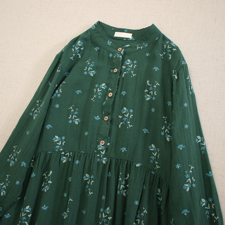 Buddha Stones Spring Small Floral Print Buttons Design Crew Neck Long Sleeve Midi Dress With Pockets - image 30