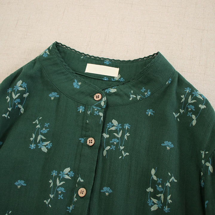 Buddha Stones Spring Small Floral Print Buttons Design Crew Neck Long Sleeve Midi Dress With Pockets - image 31