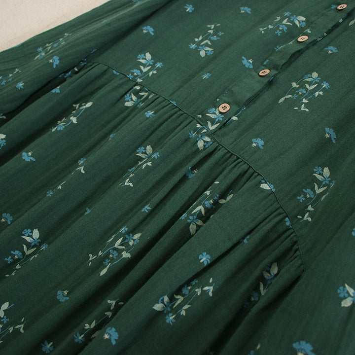 Buddha Stones Spring Small Floral Print Buttons Design Crew Neck Long Sleeve Midi Dress With Pockets - image 32