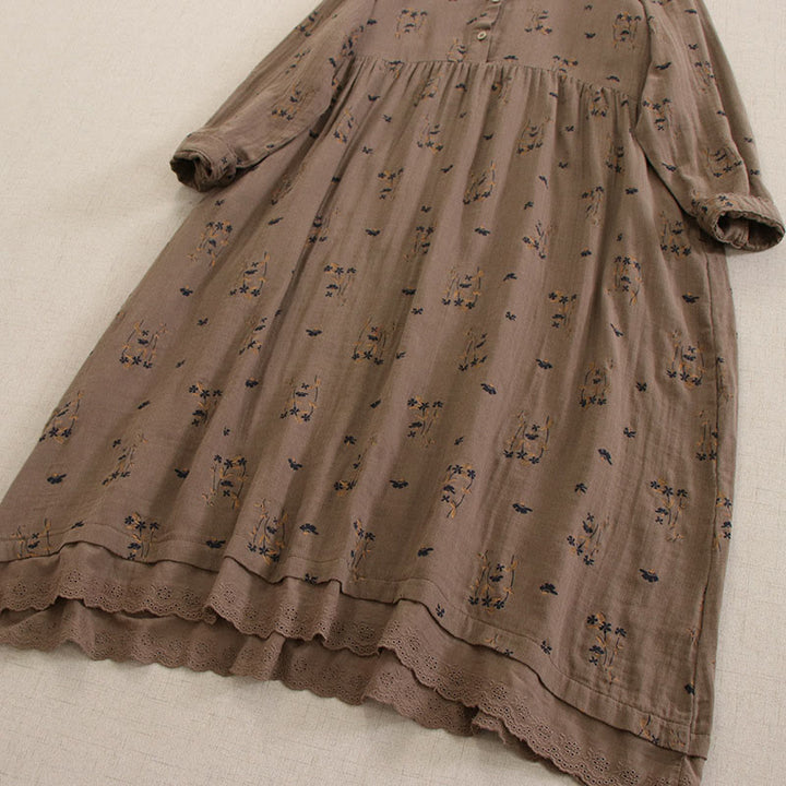 Buddha Stones Spring Small Floral Print Buttons Design Crew Neck Long Sleeve Midi Dress With Pockets - image 41