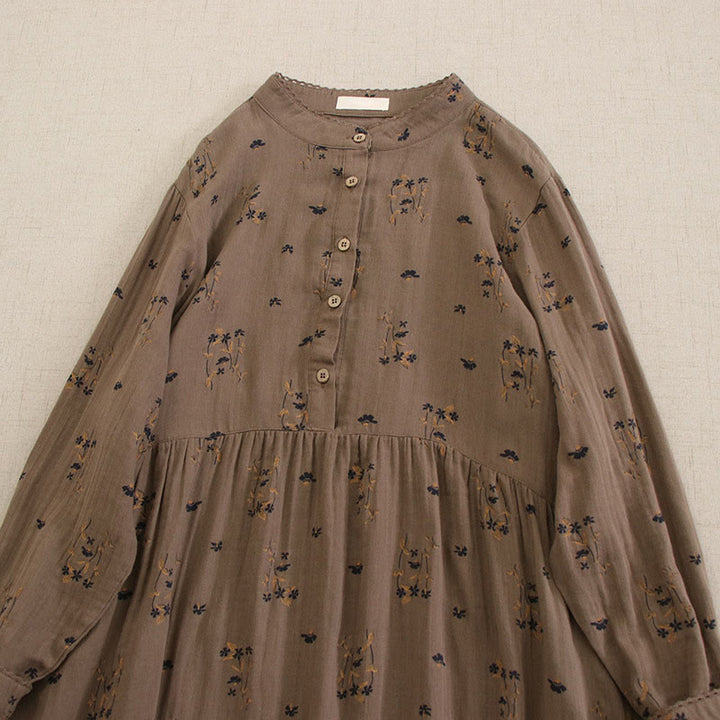 Buddha Stones Spring Small Floral Print Buttons Design Crew Neck Long Sleeve Midi Dress With Pockets - image 37